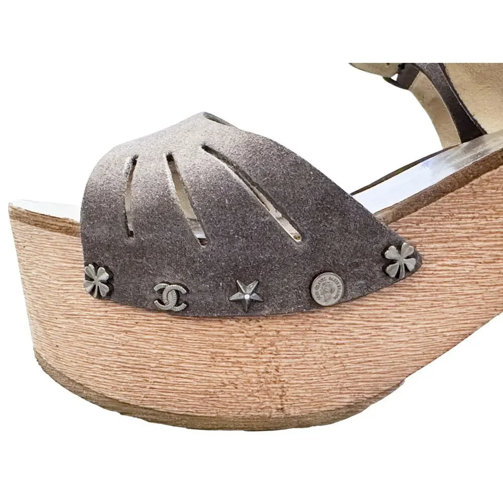 Chanel Lucky Charms Gray Suede CC Wood Platform Sandals Heels Size 37